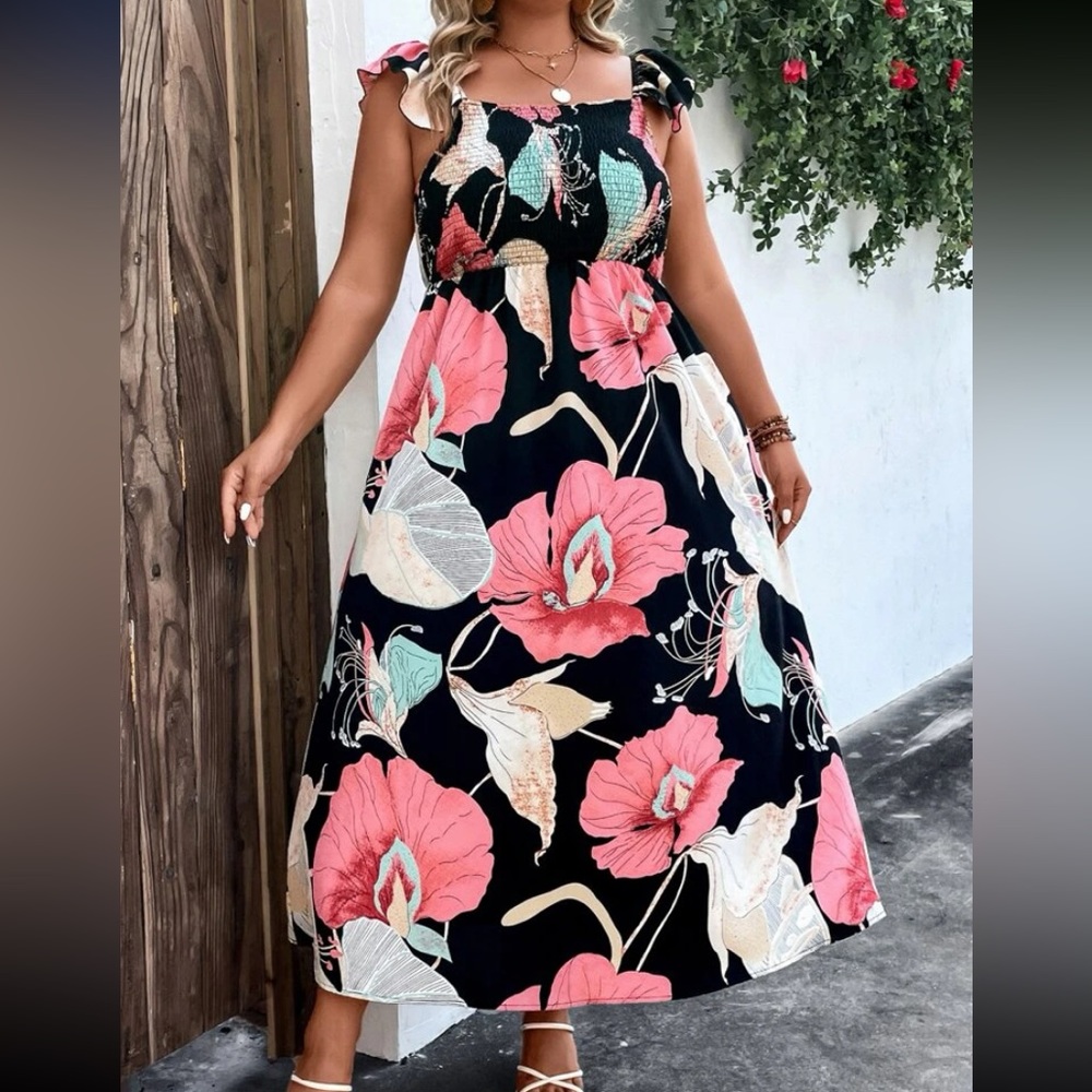 Plus size floral print off shoulder ruffle trim maxi dress - Picture 6 of 8
